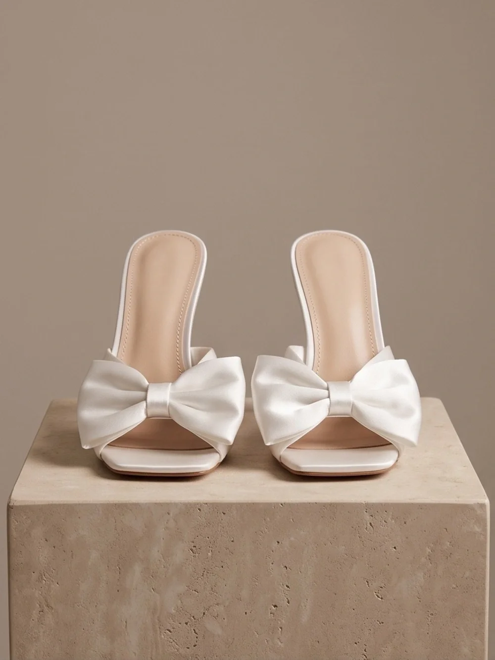 Elegant Ivory Bow Stiletto Mules